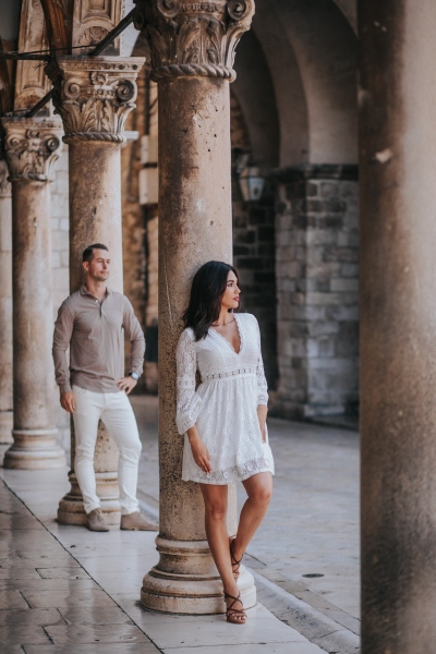Portrait in front of Sponza palace in Dubrovnik, morning