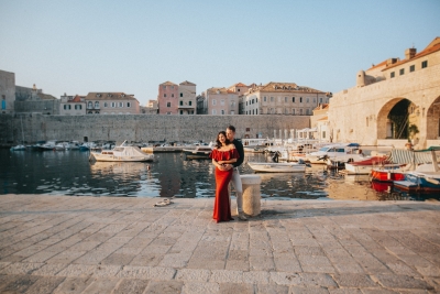 First sun light in the Old harbour on Dubrovnik Old town photo shoot