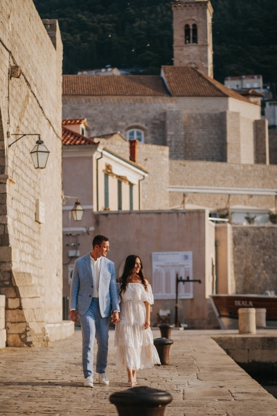 First sun light in the Old harbour on Dubrovnik Old town photo shoot