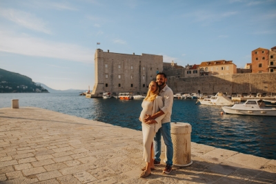 First sun light in the Old harbour on Dubrovnik Old town photo shoot