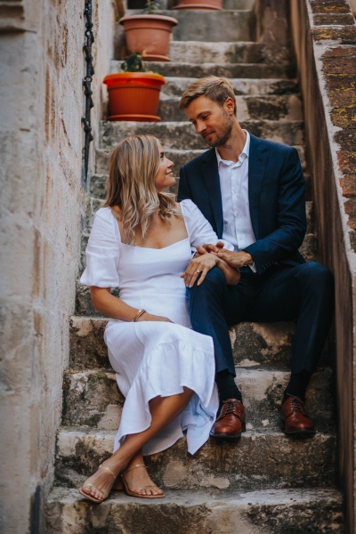 Hidden corners in the Old town of Dubrovnik, romantic portrait of a just married couple