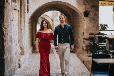 Hidden corners in Karmen, Dubrovnik Old town, romantic portrait of a beautiful couple