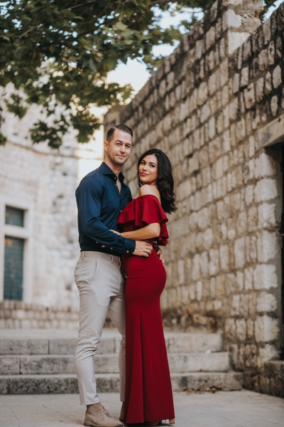 Hidden corners in Karmen, Dubrovnik Old town, romantic portrait of a beautiful couple