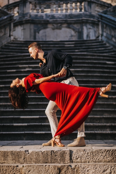 Jesuit stairs in Dubrovnik, Walk of shame, portrait of a dancing couple during our morning photo shoot