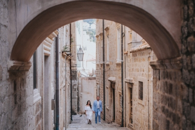 Hidden streets in the Old town of Dubrovnik, just engaged couple portrait