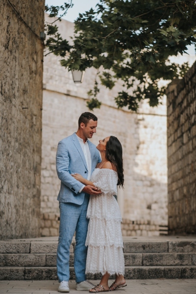 Hidden corners in the Old town of Dubrovnik, just engaged couple portrait