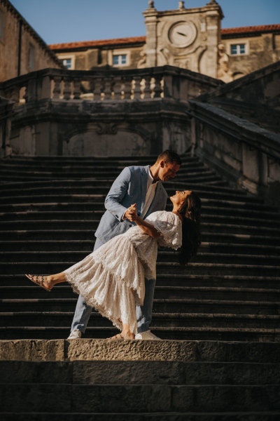 Jesuit stairs in Dubrovnik, Walk of shame, portrait of a dancing couple during our morning photo shoot in summer