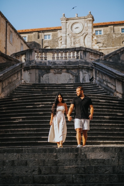 Jesuit stairs in Dubrovnik, Walk of shame, portrait of couple during our morning photo shoot