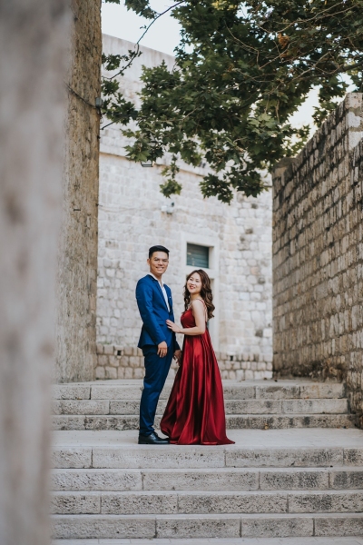 Hidden corners in Karmen, Dubrovnik Old town, romantic portrait of a beautiful couple