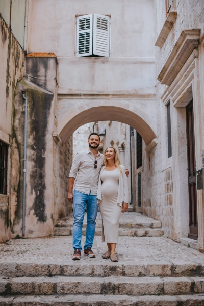 Hidden corners in Karmen, Dubrovnik Old town, romantic portrait of a beautiful couple