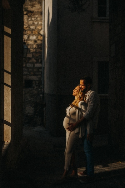 Hidden corners in Karmen, Dubrovnik Old town, low light portrait of a beautiful couple, maternity