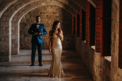 St. Lawrence fortress in Dubrovnik, classy couple on a morning photo shoot, amazing dress