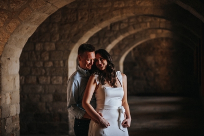 St. Lawrence fortress in Dubrovnik, couple on a morning photo shoot, low light art