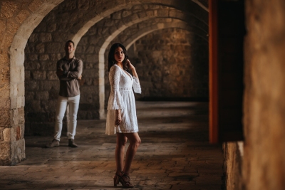 St. Lawrence fortress in Dubrovnik, couple on a morning photo shoot, low light art