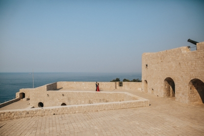 St. Lawrence fortress in Dubrovnik, panoramic view in the morning. Couple on a photo shoot.