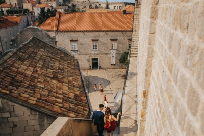Going down the stairs, exiting Dubrovnik City Walls after the morning photo shoot with a couple