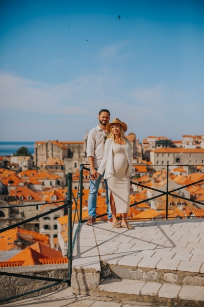 Dubrovnik City Walls in the morning, Old town red roofs, blue sea and sky in the background. Photo shoot with a beautiful couple. Maternity, Game of Thrones