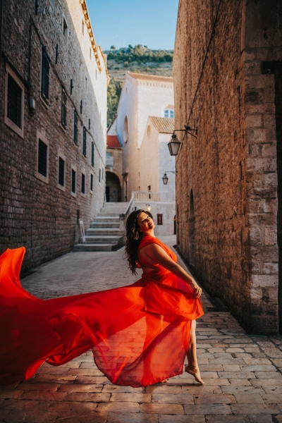 Long flying dress shoot in Dubrovnik