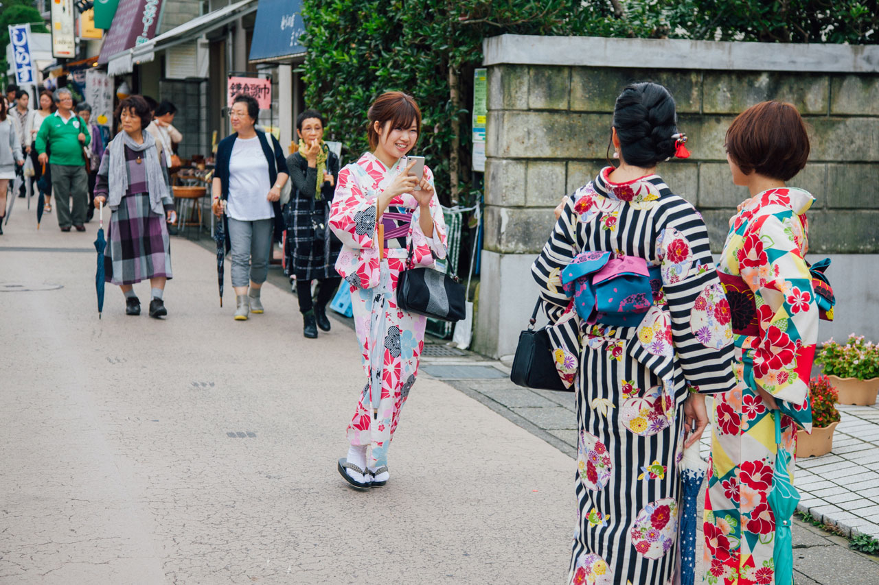 japanese girls wearing kimono in kamakura, japan